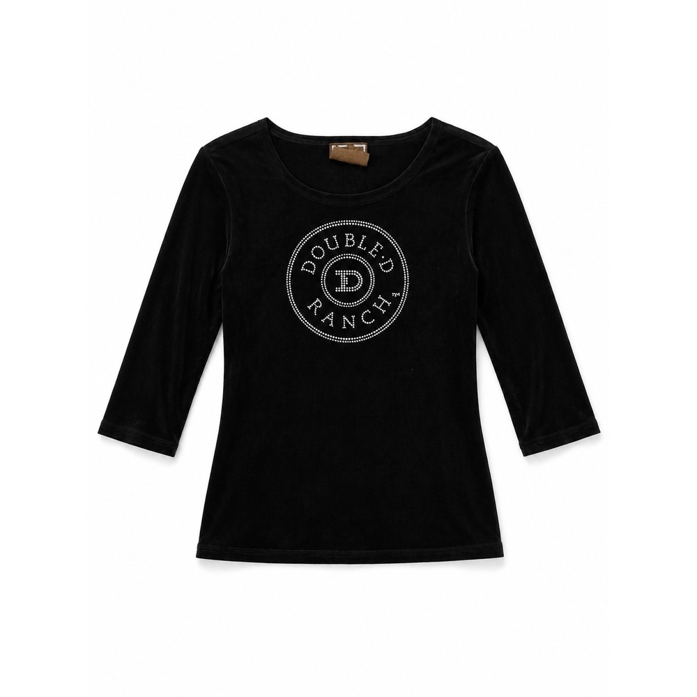 Double D Ranch Black Rhinestone Logo Velvet 3/4 Sleeve Top Small Yoakum Texas
